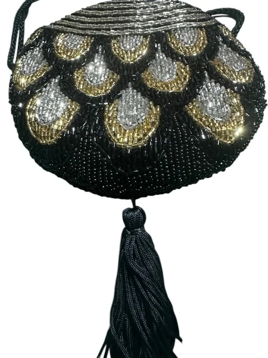 Vintage 90s Black Gold Silver Beaded Tassel Round Mini Purse w/ Rope strap - Picture 6 of 9